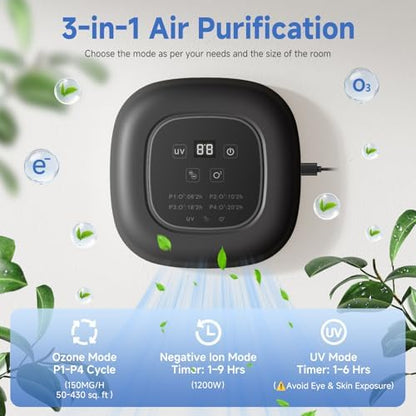 Air Purifier for Home with Ozone & Negative Ion, Ionic Air Purifier for Pet Smell, Smoke, Musty, Dust, Plug-in Air Ionizer for Bedrooms, Kitchens, Bathrooms, Cars and Offices, USB Powered (Dark Gray)