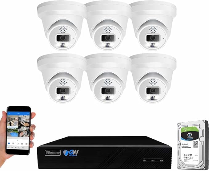 GW Security 8 Channel 8MP Fulltime Color Night Vision 4K NVR Security Camera System with 6 UltraHD 4K IP Two-Way Audio Outdoor/Indoor Smart AI Human Vehicle Detection PoE Dome Cameras