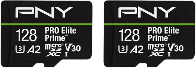 PNY 128GB PRO Elite Prime™ C10 U3 V30 A2 microSDXC Flash Memory Card – Ultra-Fast Speeds, Read 200MB/s, Write 150MB/s, 4K UHD, Full HD, UHS-I, for Smartphones, Drones, Action Cameras, 2-Pack
