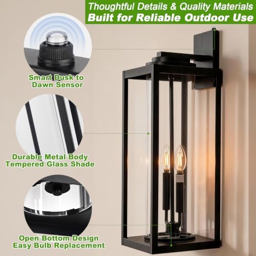 Extra Large 24 Inch Outdoor Wall Lights, Dusk to Dawn Sensor, Black, 2-Pack