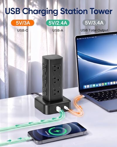Power Strip Tower with 12 AC Outlets & 4 USB Ports(2 USB C), 6FT Cord