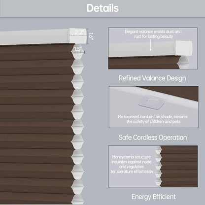 Cellular Shades Light Filtering Honeycomb Blinds for Indoor Windows, Cordless Cellular Shades 1.5 inch Cell Pleated for Bedroom Home Office, Custom Size, Half Shading Brown