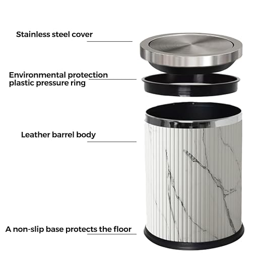 4 Gallon / 15L Trash Can Bathroom with Swing Lid, White Gold Garbage Can, Leather, Modern, Large Office Waste Basket, for Bedroom, Kitchen, Powder Room, Hotel, Business(15L Ink Marble)
