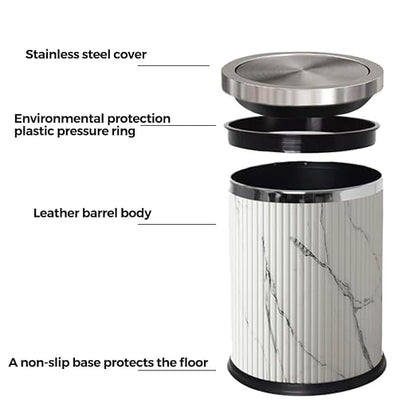 4 Gallon / 15L Trash Can Bathroom with Swing Lid, White Gold Garbage Can, Leather, Modern, Large Office Waste Basket, for Bedroom, Kitchen, Powder Room, Hotel, Business(15L Ink Marble)