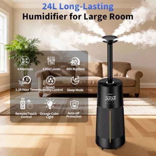 Home Humidifier for Large Room-6.3Gal/24L Cool Mist, 3000ft²,Black