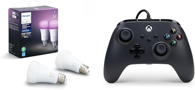 Philips Hue Smart 60W A19 LED Bulb - White and Color Ambiance Color-Changing Light - 2 Pack - 800LM & PowerA Wired Controller for Xbox Series X|S - Black, Gamepad, Video Game Controller