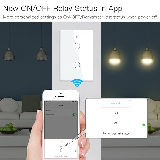 MOES Touch Wall Single Live Wire Smart Switch，No Neutral Wire Needed, 2.4GHz WiFi RF433 Light Switch Works with Smart Life/Tuya App, Alexa and Google Home, Single Pole 110V, White 2 Gang