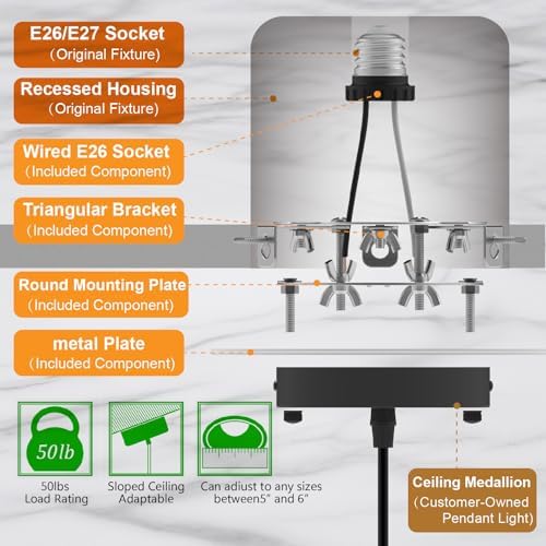 Recessed to Pendant Light Converter Kit 5 and 6 inch Can Light Conversion, Includes E26 Socket, Mounting Bracket, Round Ceiling Plate & White Cover
