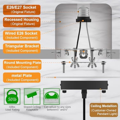 Recessed to Pendant Light Converter Kit 5 and 6 inch Can Light Conversion, Includes E26 Socket, Mounting Bracket, Round Ceiling Plate & White Cover