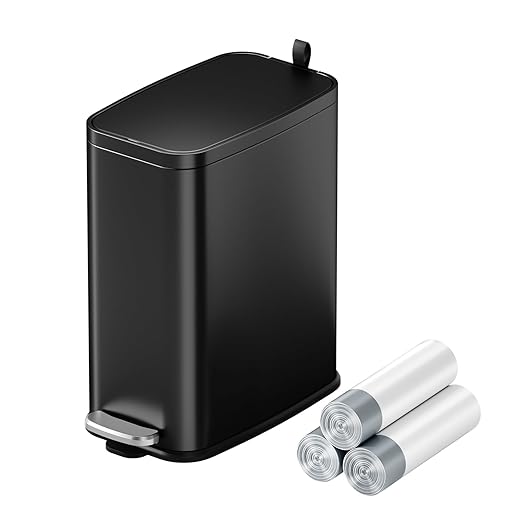 1.6 Gallon Bathroom Trash Can with Lid Soft Close, Small Black Stainless Steel Step Pedal Garbage Can, Removable Inner Bucket, Includes 60 Trash Bags