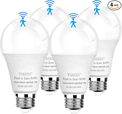 TSEXES Motion Sensor Light Bulbs, 12W (100Watt Equivalent), Motion Activated Dusk to Dawn Security LED Bulb, 3000K Soft White for Outdoor & Indoor,Porch, Stairs, Hallway, 4-Pack