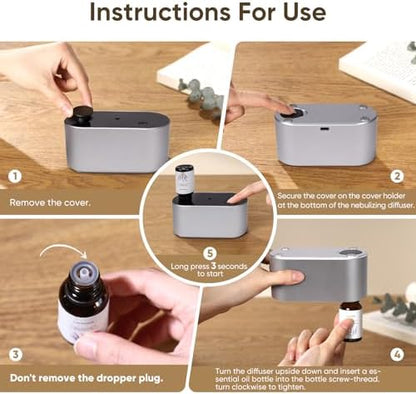 Waterless Diffuser for Home Essential Oil Diffuser, Aromatherapy Diffuser, Portable Scent Diffusers, 3 Mist Modes, Cycle Start for Bedroom, Office Studio 350-700 sq. ft Silver