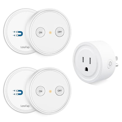 LoraTap Mini Remote Control Outlet Plug Adapter with 2 Remotes, 656ft Range Wireless Light Switch for Household Appliances, No Hub Required, 10A/1100W, White, 2 Years Warranty (2 Remotes + 1 Outlet)