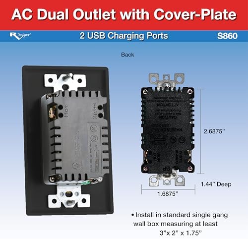 RV Designer S860, AC Dual Outlet with Cover & 2 USB Charge Ports, Black