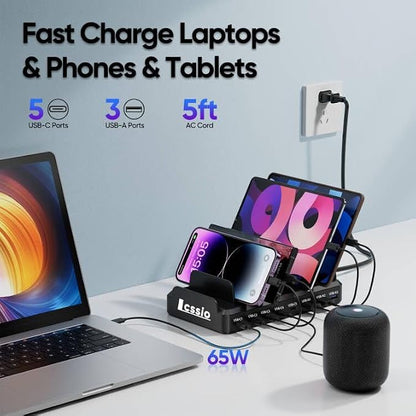 Lcssio 300W Charging Station for Multiple Devices, 8 Port Fast Charger | Fast Charging, Safety Certified, Compact Design, Organized Charging, Multiple Devices at Once, With 6 Cables