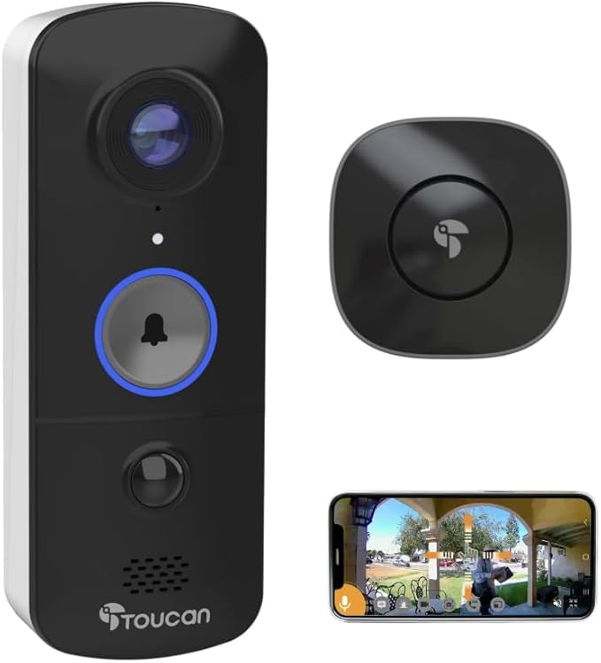TOUCAN Wireless Video Doorbell Camera V3 with Chime – Battery Powered Smart Doorbell, HD Video, Motion Detection Alerts, 2-Way Talk, Night Vision, Wide Angle Security Camera, No Subscription Required