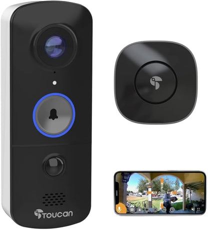 TOUCAN Wireless Video Doorbell Camera V3 with Chime – Battery Powered Smart Doorbell, HD Video, Motion Detection Alerts, 2-Way Talk, Night Vision, Wide Angle Security Camera, No Subscription Required