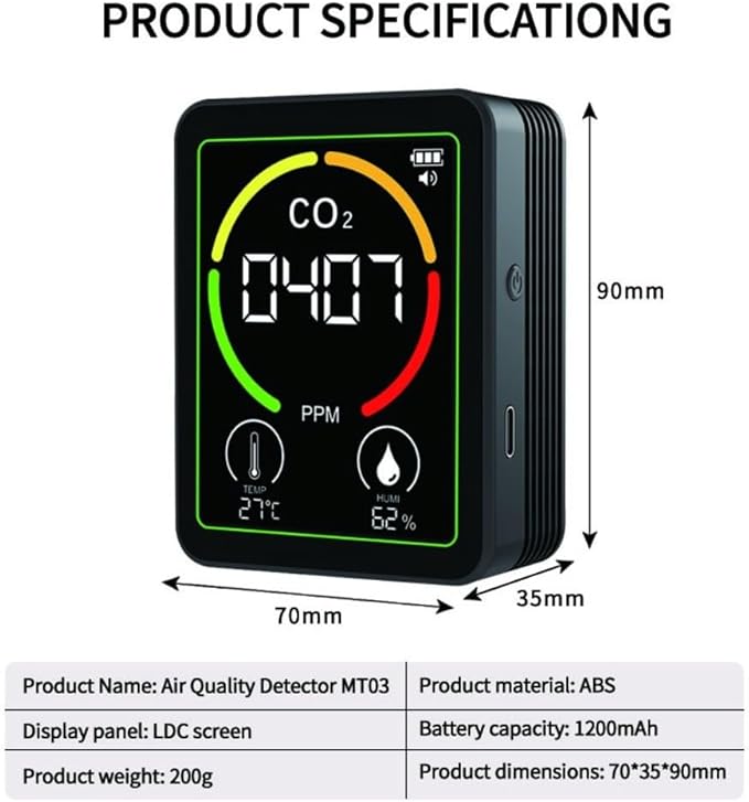 3in1 Indoor Air Monitor with Carbon Dioxide, Temperature & Humidity Sensors for Monitoring Air in Multiple Spaces (Black)