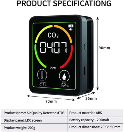 3in1 Indoor Air Monitor with Carbon Dioxide, Temperature & Humidity Sensors for Monitoring Air in Multiple Spaces (Black)