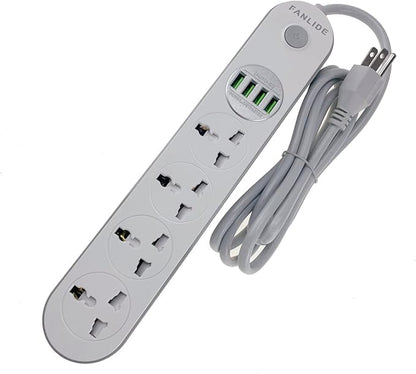 Universal Power Strip with USB Ports, FANLIDE Extension Cord with Multiple outlets, 4 Outlets 4 Smart USB, 6.5ft Power Cord, 2500W Circuit Breaker, Child Safe Door, fit for Cruise Ship, Dorm Room