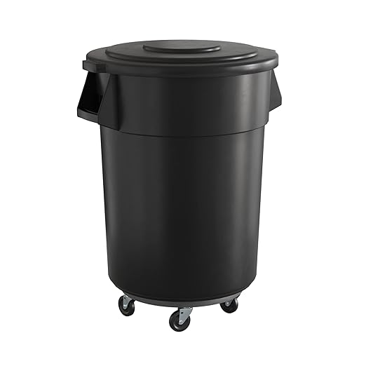 55 Gallon Black Round Commercial Trash Can with Lid and Dolly, Heavy-Duty Food Grade NSF Certified, Perfect for Restaurant, Office, School, Garage, Backyard, Workshop, Warehouse