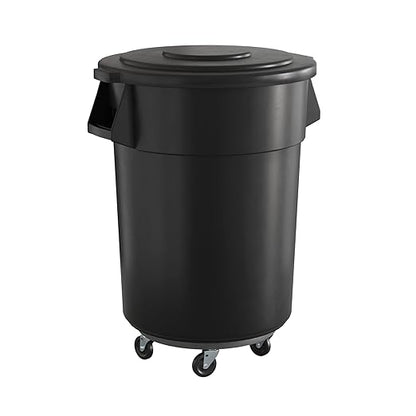 55 Gallon Black Round Commercial Trash Can with Lid and Dolly, Heavy-Duty Food Grade NSF Certified, Perfect for Restaurant, Office, School, Garage, Backyard, Workshop, Warehouse