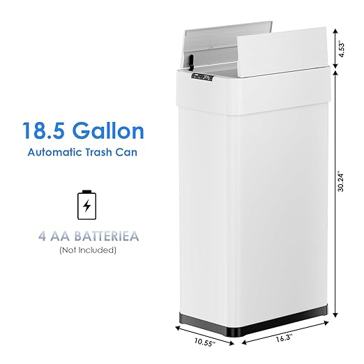 Automatic Trash Can,18.5 Gallon Touchless Motion Sensor Trash Bin, Smart Garbage Can with Soft-Close Lid, Bag Retainer Ring and Display Light,for Kitchen,Living Room Office (White, 70L)