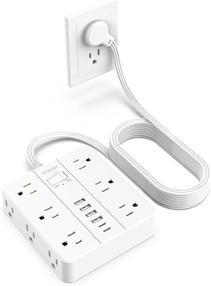 Power Strip with USB Ports, HUNIAN 15Ft Flat Plug Extension Cord | 12 Widely Spaced Multiple Outlets 6 USB (2 USB C Ports), Outlet Extender with Power Switch for Home Office Supplies, White