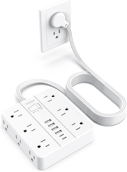 Power Strip with USB Ports, HUNIAN 15Ft Flat Plug Extension Cord | 12 Widely Spaced Multiple Outlets 6 USB (2 USB C Ports), Outlet Extender with Power Switch for Home Office Supplies, White