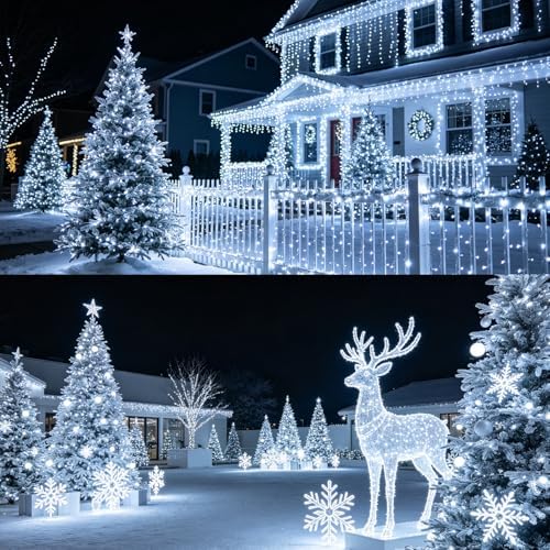 LJLNION 300 LED String Lights Outdoor Indoor, Extra Long 98.5FT Super Bright Christmas Lights, 8 Lighting Modes, Plug in Waterproof Fairy Lights for Holiday Wedding Party Bedroom Decorations ( White)