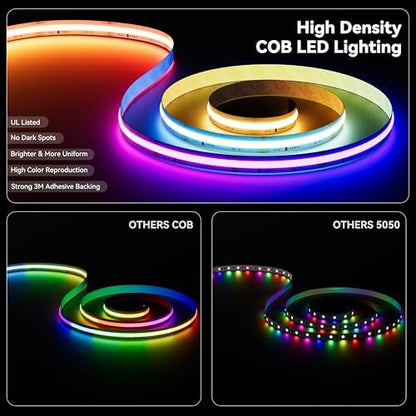 PAUTIX COB LED Strip Lights Pro, UL-Listed RGB Smart IC Chasing Color Addressable COB LED Tape Light, Music Sync Flexible RGB LED Lights, Smart Strip Light, for Party, Bedroom, Color Changing, 32.8ft