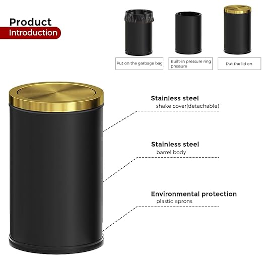 Black and Gold Bathroom Trash Can,Bathroom Garbage can with Swing Lid，Small Trash Can with Flipping Lid, 4.8gal Garbage cans for Bedroom,Living Room, Guest Room,Office,Hotel(4.7gal-Black)