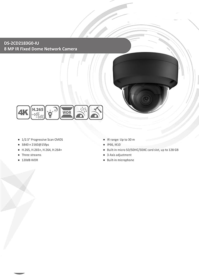 DS-2CD2183G2-IU Acusense 4K 8MP IP Camera Outdoor, 2.8mm PoE Dome with Audio, Built-in Microphone, WDR, IP67 IK10, H.265+, Human Detection, Support Firmware Upgrade, Work with Ⲏіkconnect Black