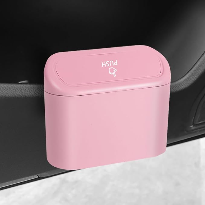 Portable Car Trash Cans with 2 Rolls Garbage Bag,Push-on Car Trash Bin with Lid & Hook for in-Vehicle Waste Disposal,Multipurpose Seat Organizer & Storage for Most Vehicles (Pink)