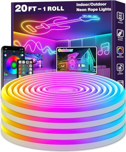 AILBTON 20Ft LED neon Lights with Remote APP Control IP65 Waterproof Flexible Neon Strip Lights 24V RGB Rope Lights for Bedroom Room Outdoors Décor