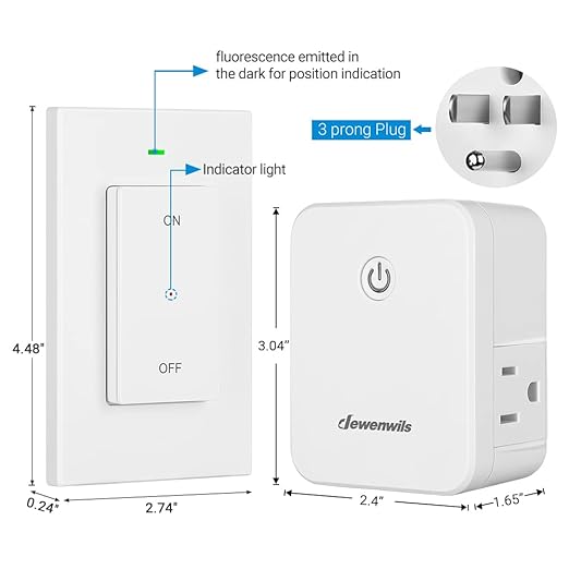 DEWENWILS Remote Control Outlet, Wireless Light Switch with 2 Side Outlets, 100 FT Range Remote Outlet Switch for Lamps, Fans, Household Appliance, No Wiring, 15A/1875W, Compact Design, Programmable