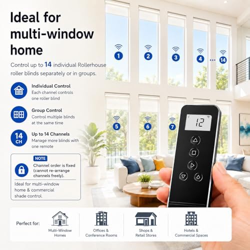 15-Channel Blind Remote Controller, Black -Replacement for Motorized Roller Shades, Window Blinds & Shades - Compatible with Rollerhouse ERB22,ERB25, EY1612, EY2512 Motors