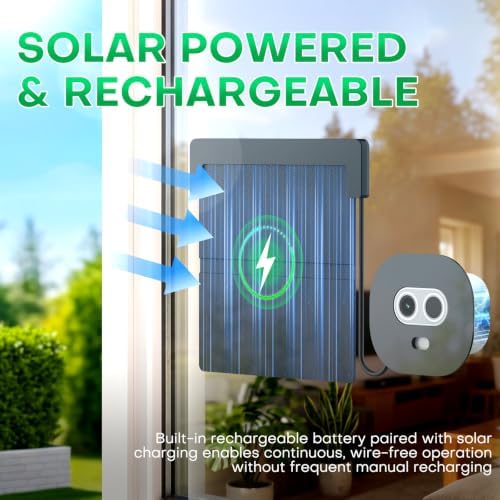 Solar Window Security Camera, Indoor Cam with Rechargeable Battery