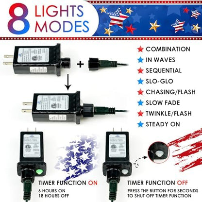 BHCLIGHT Connectable 88Ft 240LED 4th of July String Lights, Red White Blue