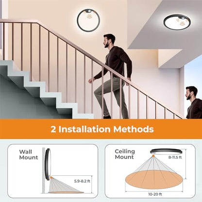 BLNAN 2Pack Motion Sensor Ceiling Light Wired, 12 Inch 3000K 4000K 5000K Selectable LED Flush Mount Light Fixture, Motion Activated Light with Timer for Hallway Stair Walk-in Closet, Black Frame