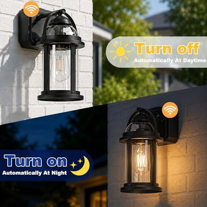 OKELI Dusk to Dawn Outdoor Wall Lights with GFCI Outlet, Waterproof Rustic Farmhouse Wall Lanterns with Clear Glass Shades, Anti-Rust Outside Fixture Lights for Garage Patio Porch, Black, 2 Pack