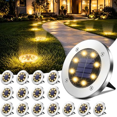 OULONGER 4.6inch Solar Ground Lights, Garden Solar Outdoor Waterproof Pathway Bright In-Ground Landscape Lights for Patio, Lawn, Yard, Driveway, Step and Walkway(Warm Light 16Packs)