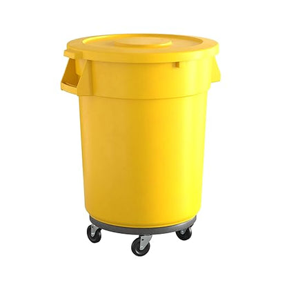 32 Gallon Yellow Round Commercial Trash Can with Lid and Dolly, Heavy-Duty Food Grade NSF Certified, Perfect for Restaurant, Office, School, Garage, Backyard, Workshop, Warehouse