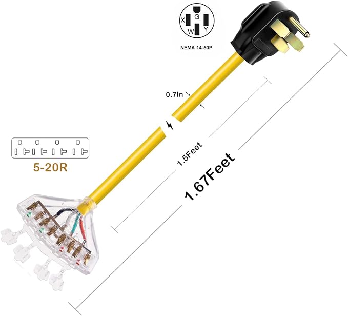 50 Amp to 110 Adapter NEMA 14-50P to 4X 5-20R Household with Dust Caps
