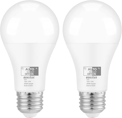 Qualilux Dusk to Dawn Light Bulbs, Auto On/Off Light Sensing LED Bulbs Outdoor, Daylight, A19 2-Pack, 12W 1000LM 75W Equivalent, HQ-H023