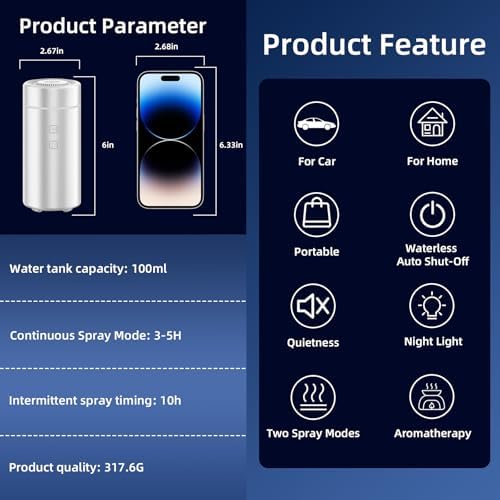 SEEDSEEL 100ML Car Essential Oil Diffuser, Rechargeable Battery Powered, Cordless Portable Aromatherapy Diffuser with 7 LED Color Lights 2 Timer Modes for Car Room Home Office (Silver)