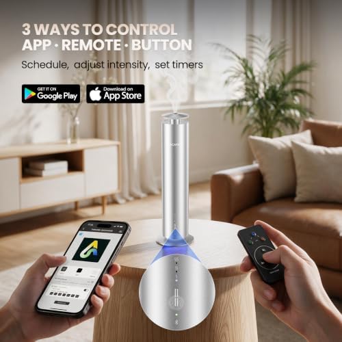 Waterless Essential Oil Diffuser for Large Room up to 1000 Sq Ft - Smart Hotel Scent Diffuser for Home with App, Remote & Timer, Whisper-Quiet Aluminum, Includes 2 x 120ml Oils