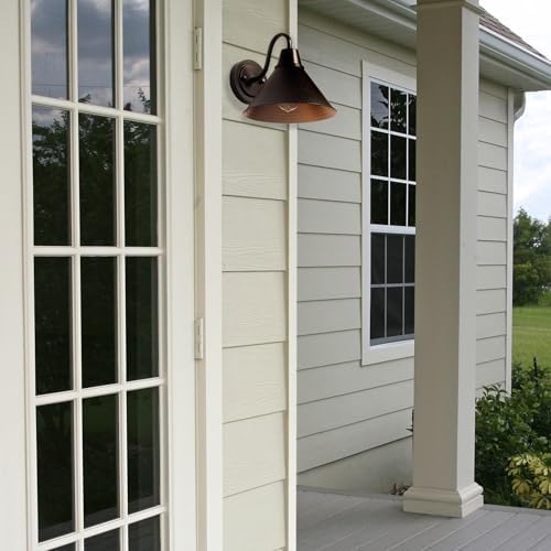 Globe Electric 60000013 1-Light Outdoor Wall Sconce, Bronze, 9" Warehouse Shade, Painted Gold Interior, Gooseneck Stem, Porch Light, Wall Lighting, Patio Décor