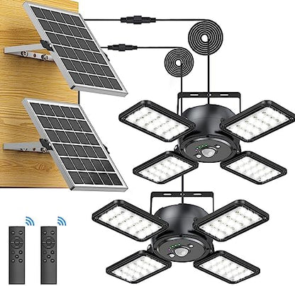 Latband Solar Shed Light Outdoor Indoor Solar Powered Motion Sensor Pendant Light,144LED 1200LM Daytime Work with 5 Modes & Remote Control 4 Heads IP65 Waterproof for Garage Barn Shop 2 Pack