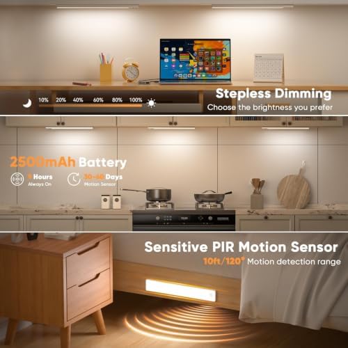 6 Pack 13inch Under Cabinet Lighting, 3 Color Temperatures Motion Sensor Light Indoor, USB Rechargeable Battery Operated Closet Lights, Dimmable LED Cabinet Lights, Under Counter Light for Kitchen